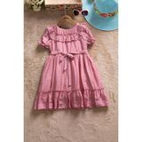 Pembe Fırfır Detaylı Kısa Kol Kız Çocuk Pileli Elbise 22651 - 1 - 2 Yaş