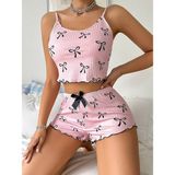 Pembe Fiyonklu Askılı Şortlu Kadın Pijama Takımı, Yumuşak Kumaş, Şık Detaylar,yazlık Kad� - - - S - M