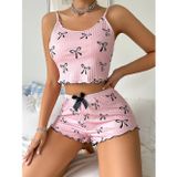 Pembe Fiyonklu Askılı Şortlu Kadın Pijama Takımı, Yumuşak Kumaş, Şık Detaylar,yazlık Kadın Pijama