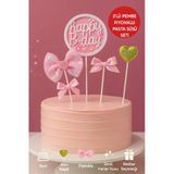 Pembe Fiyonklu Happy B-Day Pasta Süsü 3’lü Set – Altın Kalpli Simli Doğum Günü Dekoru