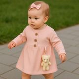 Pembe Fiyonklu Peluş Ayıcık Aksesuarlı Kız Bebek Elbise – 6/9/12 Ay