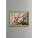 Pembe Gül Kompozisyonu - Vintage Desenli Çerçeve - İnce Model, Altın4, 15 x 21