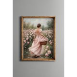 Pembe Güller Arasında Yürüyüş – Vintage Desenli Çerçeve – İnce Model, Altın1, 21 x 30