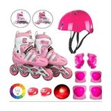 Pembe Işıklı Teker Ayarlanabilir Çocuk Alıştırma Paten 2 Fonksiyon Çakarlı Kask Dizlik Set - 30-33