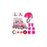 Pembe Işıklı Teker Ayarlanabilir Çocuk Alıştırma Paten 2 Fonksiyon Çakarlı Kask Dizlik Set - 34 - 37