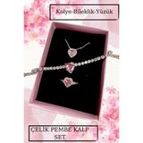 Pembe Kalp Çelik Kolye Bileklik Yüzük Kombin Seti Sevgili Hediyelik Yıldönümü Hediye Konsept Hediye