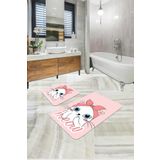 Pembe Kedi Desenli Banyo Halısı Klozet Paspas Seti BS261