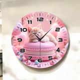 Pembe Kedi Renkli Baskı Hayvan Desenli Sayılı Hediyelik Ahşap Sessiz Duvar Saati 45CM
