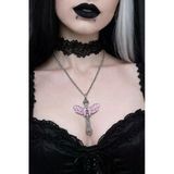 Pembe Kelebek Detaylı Gotik Haç Kolye Gümüş Renk Zincir Unisex