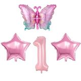 Pembe Kelebekli 1 Yaş Folyo Balon Set