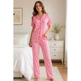 Pembe Kiraz Desenli Kısa Kollu Gömlek Yaka Milan Kumaş Kadın Pijama Takımı