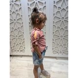 Pembe Kolları Lastikli Bluz Kot Şort ve Hasır Şapka 3'lü Kız Çocuk Alt Üst Takım - Pembe - Mavi - 2 Yaş