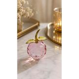 Pembe Kristal Cam Elma Biblo 10.5 Cm Dekoratif Masa Üstü Obje Gold Yapraklı Lüks Ofis Salon Aksesuarı Vitrin