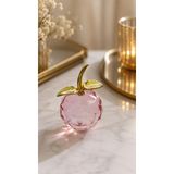 Pembe Kristal Cam Elma Biblo 10.5 Cm Dekoratif Masa Üstü Obje Gold Yapraklı Lüks Ofis Salon Aksesuarı