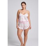 Pembe Kurdele/Fiyonk Desenli Dantelli İp Askılı Crop Saten Şortlu Dokuma Pijama Takımı