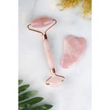 Pembe Kuvars Doğal Taş Face Roller & Mini Kalp Gua Sha Ikili Yüz Masaj Seti - Renkli