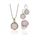 Pembe Kuvars Taşlı Vav Harfi Motifli Otantik Gümüş Kadın Set S10127