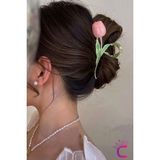 Pembe Lale Çiçekli Tasarım Büyük Kadın Metal Mandal Toka 11.5cm - Zarif Mandallı Saç Topuz Tokası - Tek Ebat