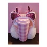 Pembe - Lila Ekoseli Mug ve Simli Kulak Boynuz Dekorlu Yumuşak Peluş Kulaklık 2 li Set