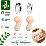 Pembe Mantar Figürlü Premium Çocuk Bpa Free Silikon Sap Paslanmaz Çelik Uçlu Çatal-Kaşık Set 9+ Ay - Renk