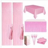 Pembe Masa Örtüsü, Pembe Masa Eteği, 2 adet Pembe Arka Fon, 10 adet Peçete, 10 adet Çatal, 8 Adet Mısır Kutusu