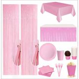 Pembe Masa Örtüsü, Pembe Masa Eteği, 2 Pembe Fon, 8 Pembe Tabak, 8 Pembe Bardak, 8 Pembe Mısır Kutusu, 10 Pembe Çatal, 10 Pembe Peçete, 10 Cupcake