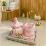 Pembe Mermer Desenli Dekoratif Set – Şekerlik, Kapaklı Kutu & Beton Tepsi