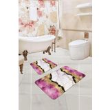 Pembe Mermer Görünümlü Banyo Halısı Klozet Paspas Seti BS335