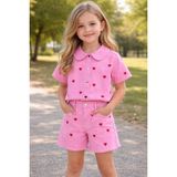 Pembe Nakışlı Kız Çocuk Kot Şort ve Gömlek Takım - 3 - 4 Yaş