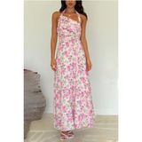 Pembe Önü Büzgülü Çiçekli Uzun Elbise MG2363