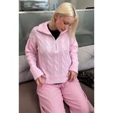 Pembe Örgü Desenli Fermuarlı Yaka Kadın Triko Kazak MG2546