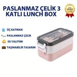 Pembe Paslanmaz Çelik 3 Katlı Yemek Taşıma Kabı Isı Yalıtımlı Lunch Box