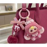 Pembe Peluş Bebek Anahtarlık, Yay ve Ponpon Süslemeli, 8 cm