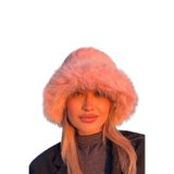 Pembe Peluş Bucket Şapka | Üstü Kısa Kenarı Uzun Kürk Tasarım | Premium Kışlık Aksesuar | Faux Fur Headwear