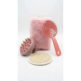Pembe Peluş Çanta ve Saç Bakım Seti, Silikon Scalp Masaj Fırçası, Saç Açma Tarağı ve Doğal Banyo Lifi
