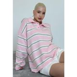 Pembe Polo Yaka Çizgili Kadın Triko Kazak Mg2469