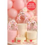 Pembe Ponponlu Pasta Süsü – Yumuşak Keçe Fiyonklu 3D Dekor Seti | Doğum Günü Süsleri