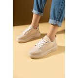 Pembe Potin 89-049-25 Bej Kalın Hafif Taban Bağcıklı Kadın Sneakers Ayakkabı