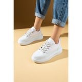 Pembe Potin 89-049-25 Beyaz Fileli Kalın Hafif Taban Bağcıklı Kadın Sneakers Ayakkabı