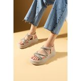 Pembe Potin Kadın Sandalet Taş Detaylı Yüksek Taban Lastikli Pu Deri 5 cm Taban 018-312-24Taşlı - Bej