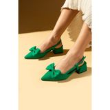 Pembe Potin Sivri Burun Fiyonk Detaylı Saten Kumaş Slingback Kadın Topuklu Ayakkabı 87-141-25saten - Yeşil