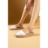 Pembe Potin Tokalı Hasır Desenli Comfort Taban Triko Kadın Sandalet 67-102-24 - Beyaz