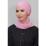 Pembe Pratik Hazır Geçmeli Tesettür Bone Sandy Kumaş Çapraz Büzgülü Şifon Atkılı 1801A_04