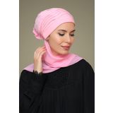 Pembe Pratik Hazır Geçmeli Tesettür Bone Sandy Kumaş İncili Nervürlü Güllü Atkılı 1805A_04