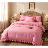 Pembe Puantiyeli Fırfırlı Nevresim Seti | Yumuşak Dokulu | Çift Kişilik | Şık Yatak Odası Takımı - 200 x 220 cm