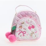 Pembe Quilted Mini Sırt Çantası, Kiraz ve Fiyonk Nakışlı | Ponpon Zipper Aksesuarı, Üst Sap ve Omuz Askısı, Altın Detaylı Toka, Kız Çocuk İçin, Cıvıl Cıvıl Desen