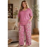 Pembe Renk, Çiçek Desenli 11060 Kısa Kol Kadın Büyük Beden Anne Pijama Takımı