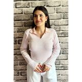 Pembe Renk Detaylı Polo Yaka Standart Beden Kadın Kazak