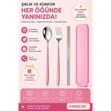 Pembe Renk Premium Çocuk Paslanmaz Çelik Çatal-Kaşık ve Çubuk Set, 5 Parça (24+ Ay)