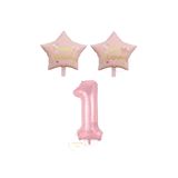 Pembe Renk Rakam ve Happy Bırthday Yazılı Yıldız Folyo Balon Seti Yaş 1